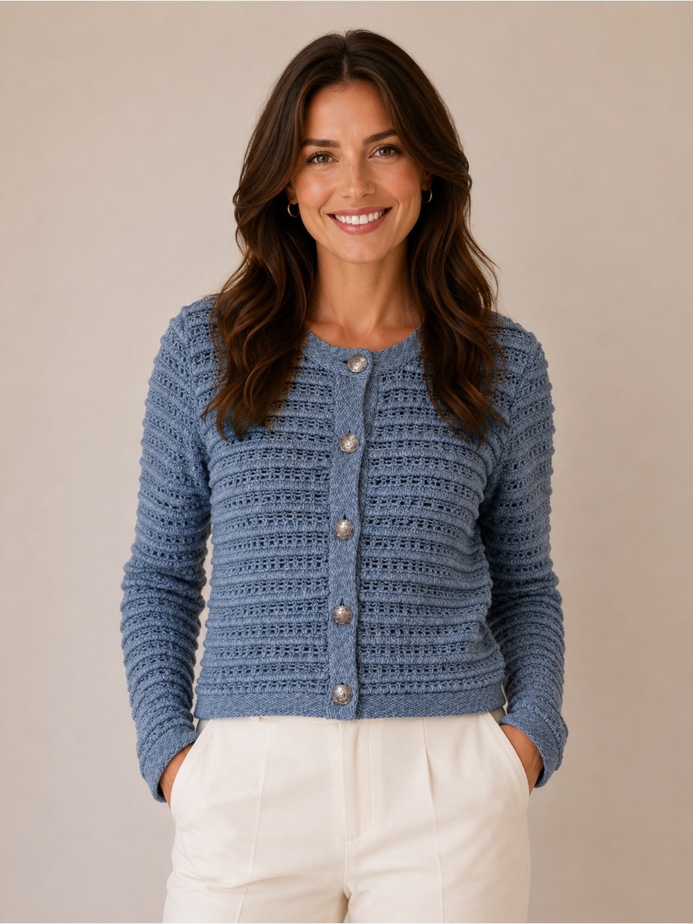 LOFT Blue Textured Button-Up Cropped Cardigan